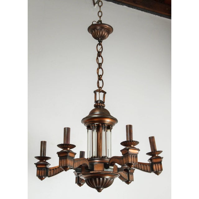 Metal 1920s American Bronze and Glass Neoclassical Chandelier For Sale - Image 7 of 7