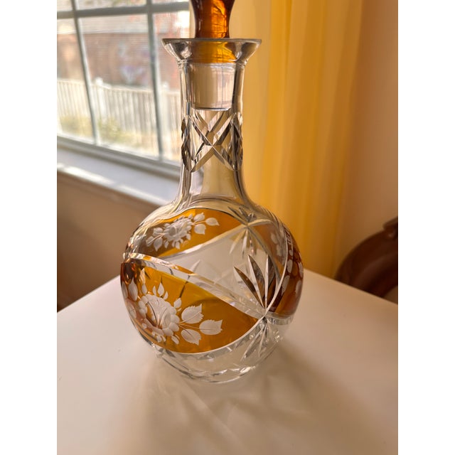 1960s Vintage Bohemian Amber Cut Crystal Decanter With Stopper For Sale - Image 5 of 6