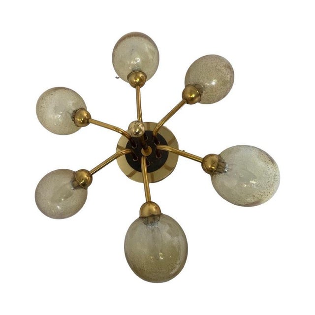 Mid Century Modern / Atomic Age Sputnik Pendant Lamp with 6 Patterned Glass Shades from VEB Germany For Sale - Image 5 of 11