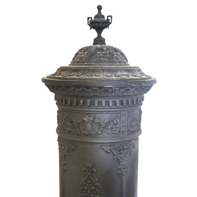 Victorian Antique European Ornate Cast Iron Parlor Stove Heater With Urn Finial & Paw Feet, C. 1890 For Sale - Image 3 of 12