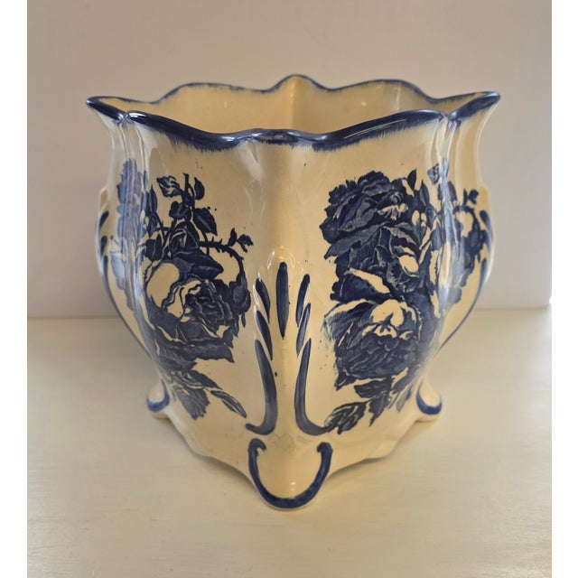 English Vintage Blue & White Ironstone Staffordshire Planter Vase For Sale - Image 3 of 8