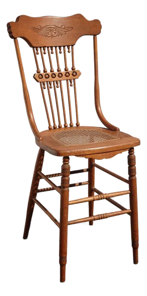 Antique Oak Cane Barstool Counter Stool French Country W Unique Spindle Backrest