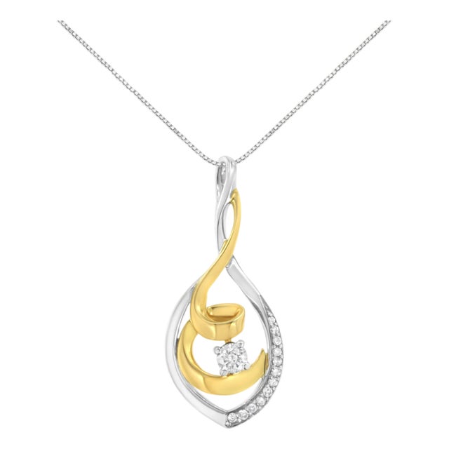 10K Two-Tone Yellow & White Gold 1/4 Cttw Brilliant-Cut Round Diamond Spiral Link 18" Pendant Necklace (I-J Color, I2-I3 Clarity) For Sale