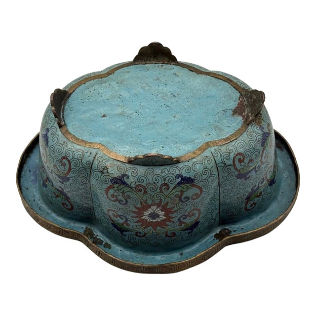 19th Century Qing Dynasy Lobed Cloisonne Enamel Planter Jardinaire, Blue Enamel on Copper, Footed For Sale