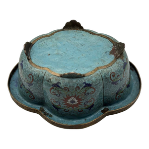 19th Century Qing Dynasy Lobed Cloisonne Enamel Planter Jardinaire, Blue Enamel on Copper, Footed