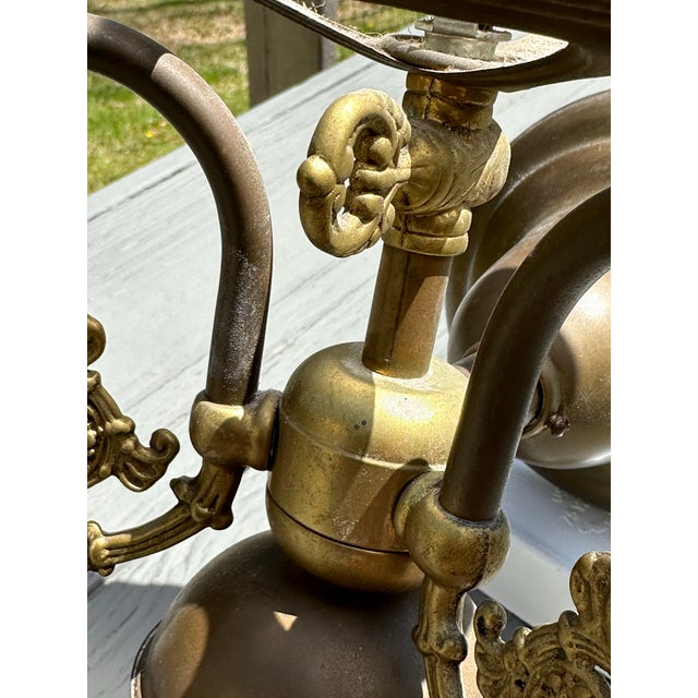 Vintage 3 Light Brass Wall Sconce With Vianne Gas/Electric Shades For Sale - Image 4 of 12