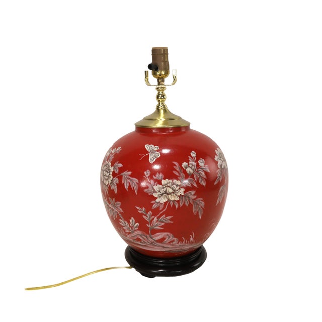 Red Hand-Painted Chinoiserie Red Porcelain Table Lamps - Pair For Sale - Image 8 of 11