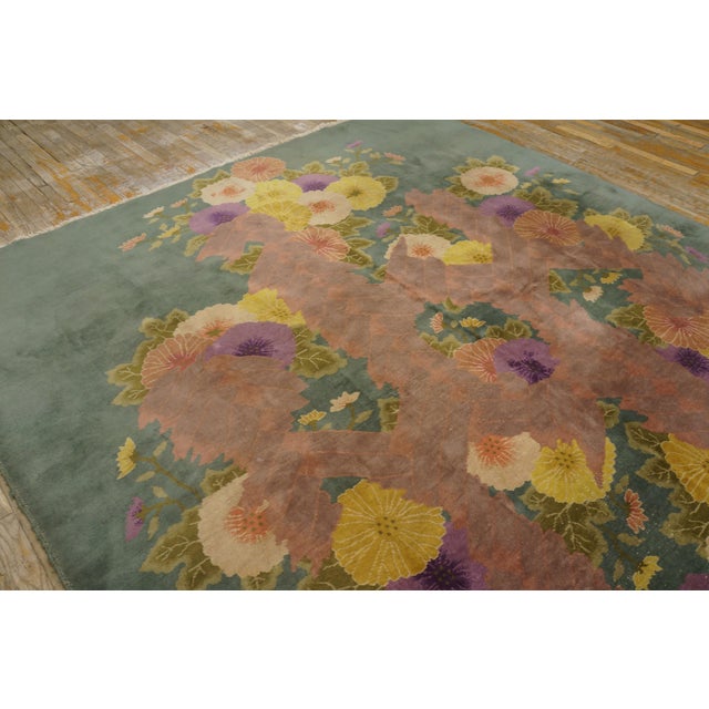 1920s 1920s Green Floral Modern Antique Chinese Art Deco Rug by Nichols Workshop 7'10''x9'2'' Wool Carpet For Sale - Image 5 of 12