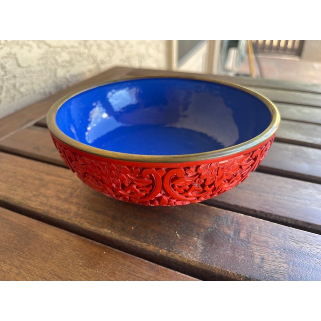 Chinese Vintage Chinese Red Cinnabar Lacquerware With Brass Rim Round Floral Bowl For Sale - Image 3 of 6
