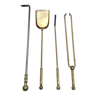 Edwardian Cannonball Polished Brass and Steel Fire Tools Set For Sale