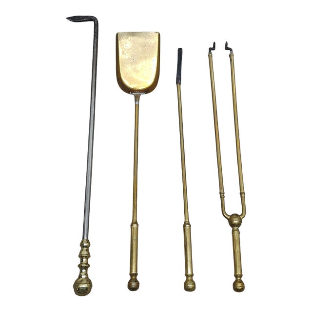 Edwardian Cannonball Polished Brass and Steel Fire Tools Set For Sale