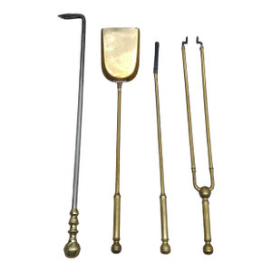 Edwardian Cannonball Polished Brass and Steel Fire Tools Set