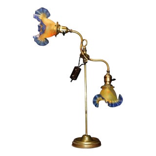 French Brass Twin-Arm Student Lamp with Vianne Glass Shades, 1890 For Sale