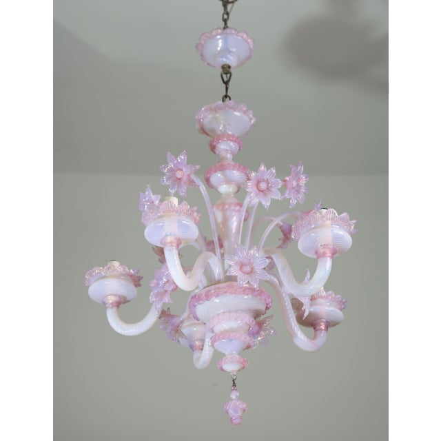 1960s Extraordinary Murano Glass Chandelier Adorned With Pink Flowers For Sale - Image 6 of 15