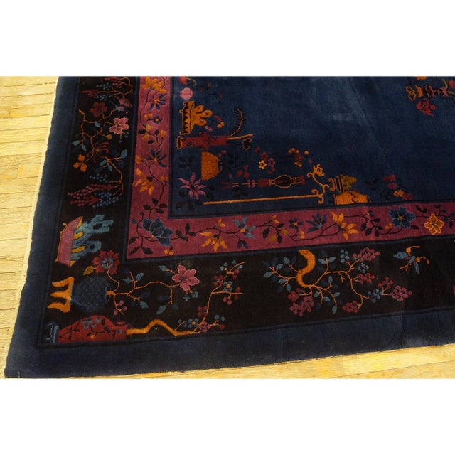 1920s Antique Navy Floral Oriental Chinese Art Deco Rug in Mandarin Quality For Sale - Image 9 of 11