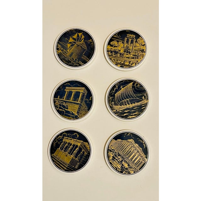 Illustration Mid 20th Century Navy & Gold Ceramic Coasters- Set of 6 For Sale - Image 3 of 6