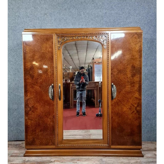 Brown Large Art Deco Wardrobe in Burl Wood, 1920s For Sale - Image 8 of 8