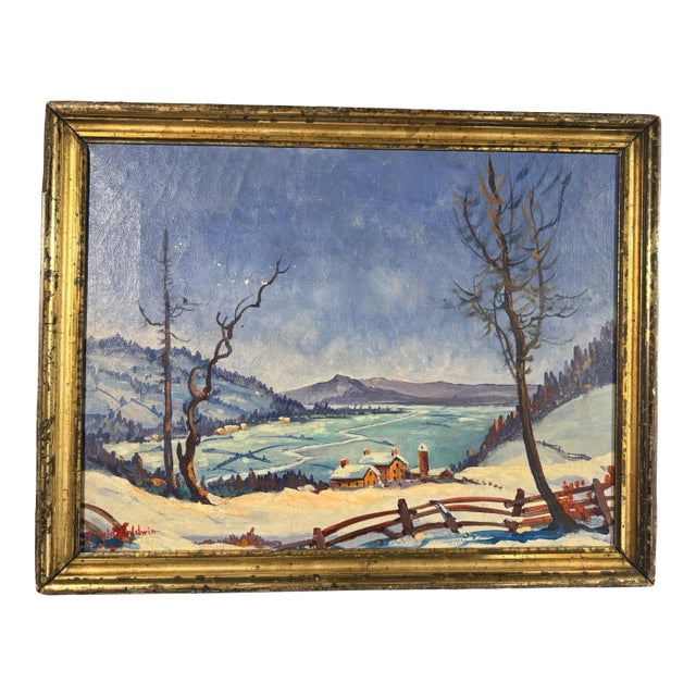 Mid 20th Century Country Gilt Framed Snowy Landscape Oil Painting Canvas Signed For Sale