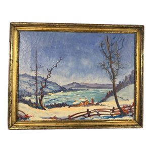 Mid 20th Century Country Gilt Framed Snowy Landscape Oil Painting Canvas Signed