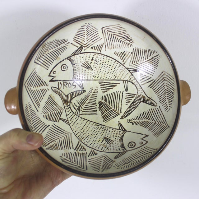 Beige Early 20th Century Clay Pottery Fish Bowl With Handles Marked Uros For Sale - Image 8 of 8