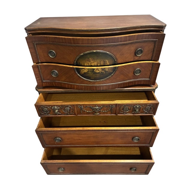 Brown Early 20th Century Neoclassical Mahogany Chest on Chest With Hand-Painted Oval Medallion & Bronze Ormolu For Sale - Image 8 of 12