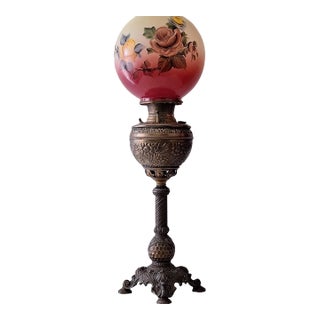 Antique Early 20th Century Victorian Hand Painted Large Parlor Lamp For Sale