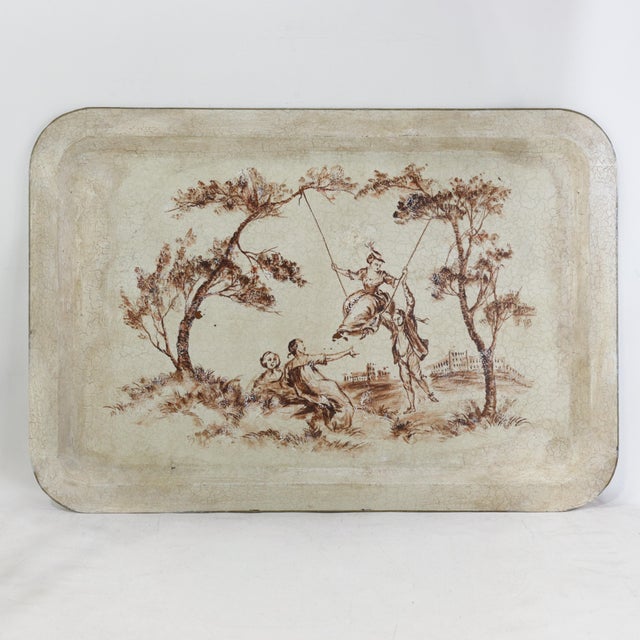 Vintage Hand Painted Tole Tray Cream With Sepia Rococo Garden Swing Scene Rectangular Serving Tray For Sale - Image 13 of 13