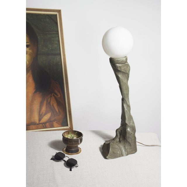 1930s Vintage Modern Brutalist Carved Wooden Table Lamp with Opal Globe, 1930s For Sale - Image 5 of 11