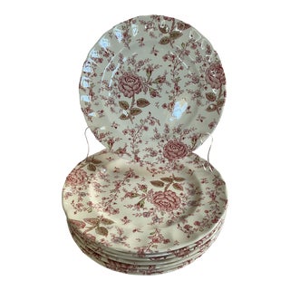 1940s Johnson Bros. Hand-Engraved Rose Chintz Porcelain Dinner Plates with Scalloped Edges, Pat.No.160.783 (1883), Made in England- Set of 8 For Sale