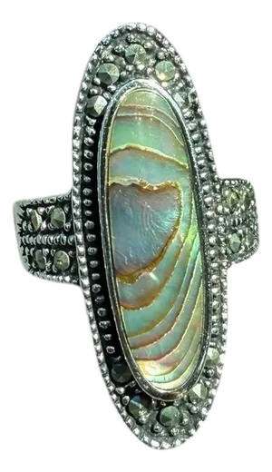 Late 20th Century Abalone Marcasite Silver-Tone Ring Size 8
