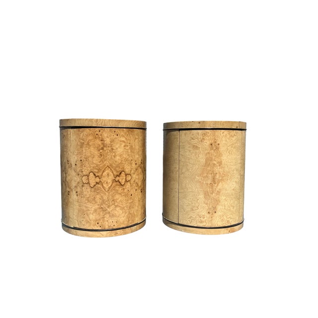 Vintage Henredon Burl Drum Nightstands or Side End Tables in Scene Two 2 Design. No tags. Beautifully designed drum or...