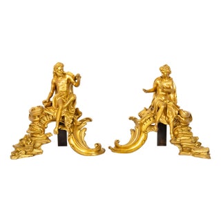 Rare Pair of French Antique Bronze Fireplace Chenets “Vulcan and Venus" For Sale