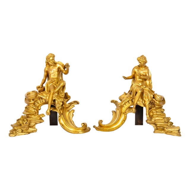 Rare Pair of French Antique Bronze Fireplace Chenets “Vulcan and Venus" For Sale
