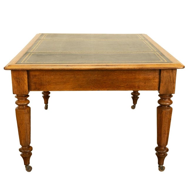 Antique English Oak & Leather Top Double-Sided Library Table Partner's Desk 1860 For Sale - Image 9 of 13