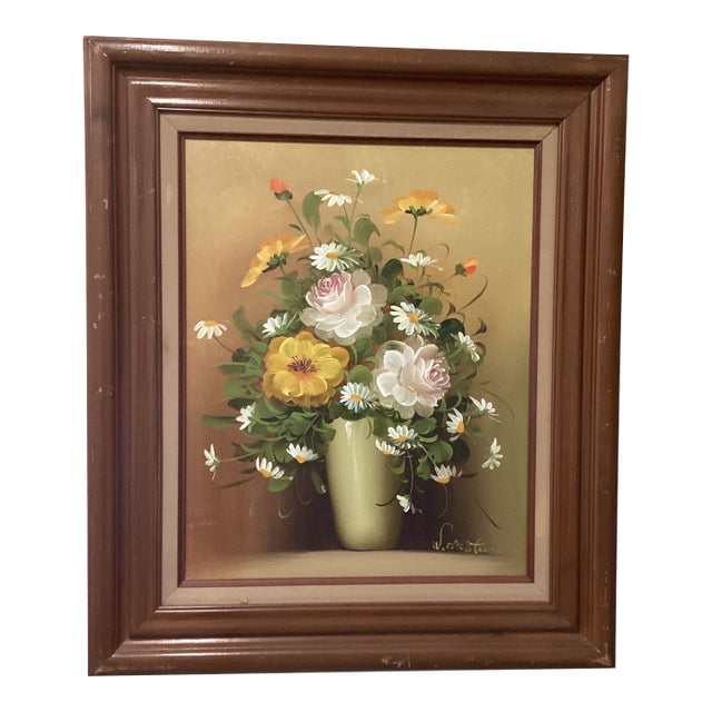 Mid 20th Painting on Canvas Flower Bouquet Still Life Framed Signed by Artist For Sale
