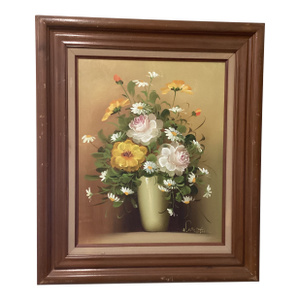 Mid 20th Painting on Canvas Flower Bouquet Still Life Framed Signed by Artist