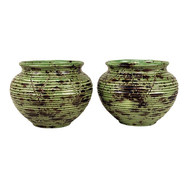 Mid-Century 7" Atomic Green & Black Studio Pottery Vases - A Pair For Sale