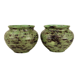 Mid-Century 7" Atomic Green & Black Studio Pottery Vases - A Pair