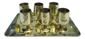 C.1960's Vintage Mid Century Taxco Mexican Brass & Inlaid Abalone Shell Cordials & ServerTray Set - 7 Pieces