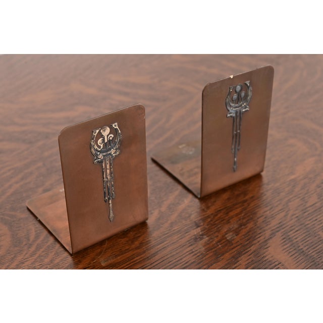 Heintz Art Metal Shop Silver Crest Arts & Crafts Sterling Silver on Bronze Bookends, Pair For Sale - Image 4 of 14