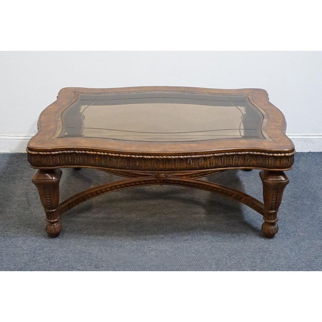 Contemporary Drexel Heritage Talavera Collection Walnut Contemporary Spanish Mediterranean 52" Accent Glass-Topped Coffee Table 532-107 For Sale - Image 3 of 10