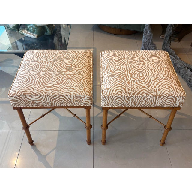 Pair Vintage Faux Bamboo Wood Benches Ottomans Newly Upholstered Quadrille For Sale - Image 10 of 12
