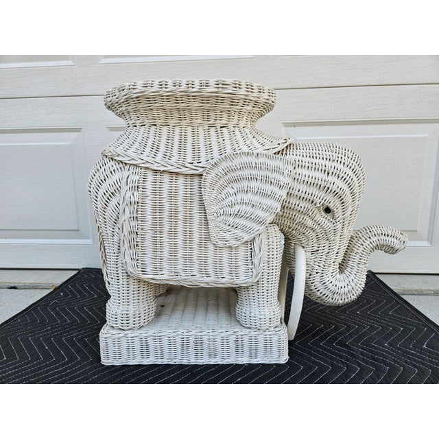 White Wicker Elephant With Tusks Side Table For Sale - Image 9 of 13