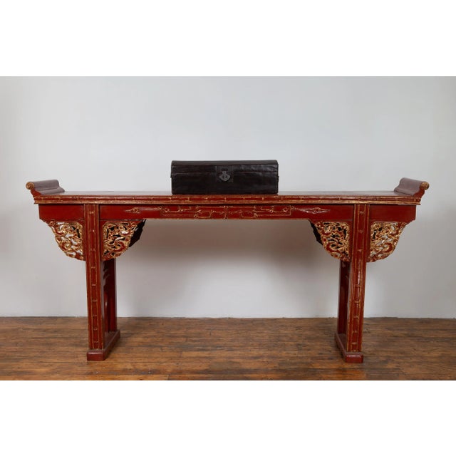 Wood Antique Chinese Red Lacquered Console Table with Gilt Accents and Carved Apron For Sale - Image 7 of 13