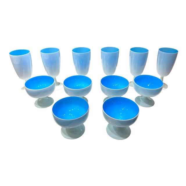 1960s Carlo Moretti Murano Tiffany Blue and White Cased Stemware Wine Goblets & Compotes - Set of 12 For Sale - Image 16 of 18