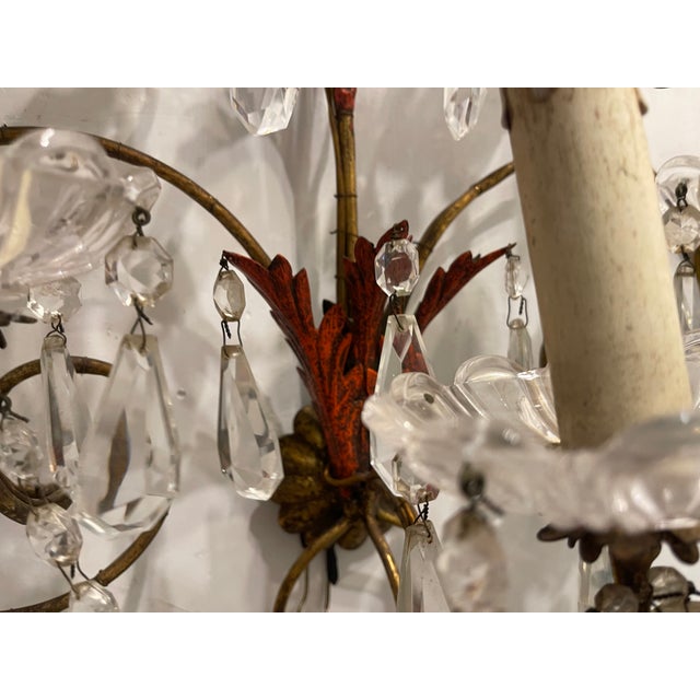 Large Florentine Tole Crystal Sconces, 1950s, Set of 2 For Sale - Image 4 of 17