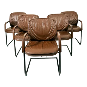 Mid-Century Modern Vecta Contract Brown Leather Cantilever Chairs- Set of 5