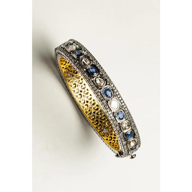 Diamond and Blue Sapphire Bangle Bracelet With Clasp For Sale - Image 4 of 4