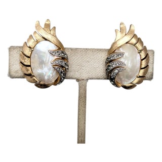 Vintage 1958 Signed Crown Trifari Goldtone Mother-of-Pearl & Rhinestone "Fantasia" Clip Earrings-2 Pieces For Sale