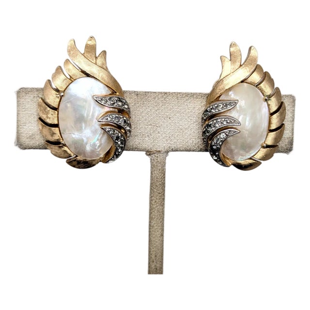Vintage 1958 Signed Crown Trifari Goldtone Mother-of-Pearl & Rhinestone "Fantasia" Clip Earrings-2 Pieces For Sale